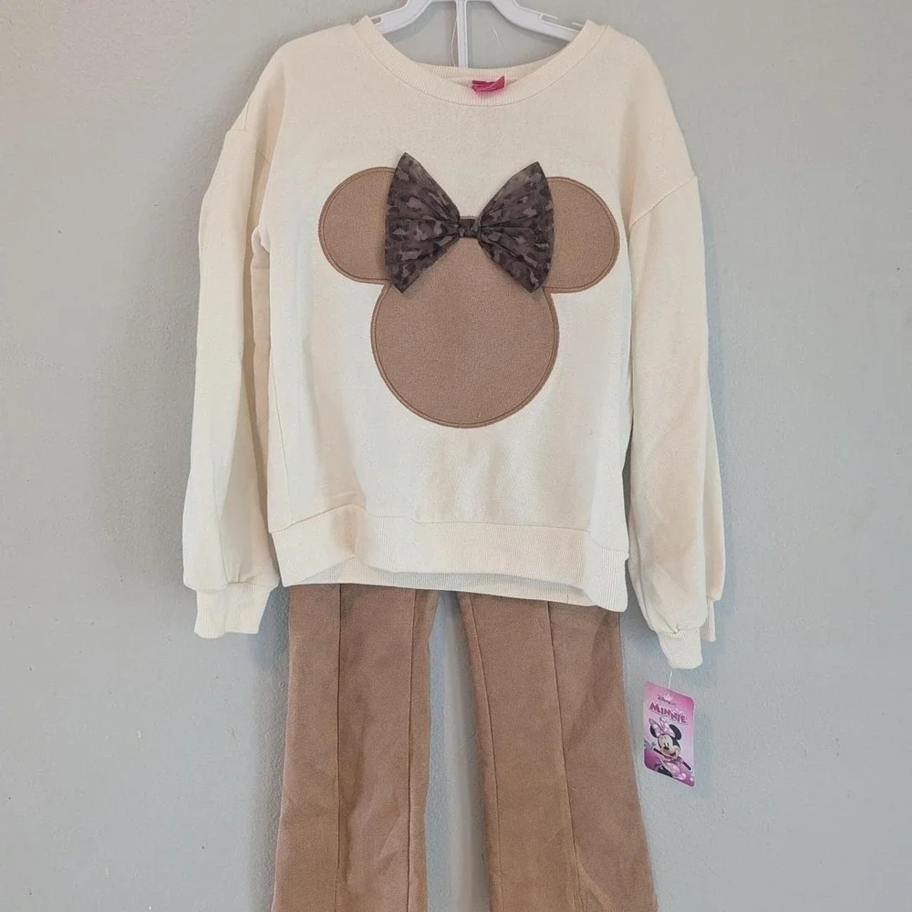 Disney Minnie Mouse Girls 6X Sweatshirt and Pants Set Ivory Leopard Bow